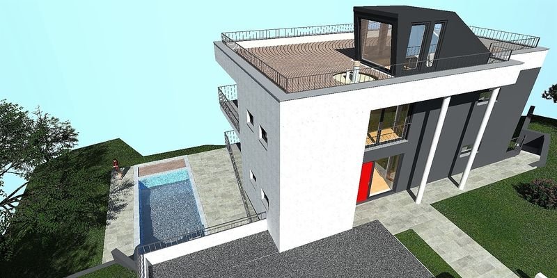 Rendering der Villa mit Rooftop und Pool