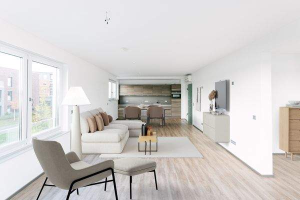 Wohnzimmer mit integrierter Einbauküche (Einrichtungsbeispiel)