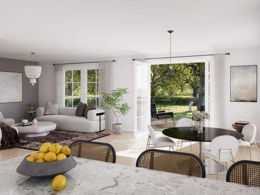 Visualisierung des genehmigten Hauses innen: offener Wohn-, Ess- und Kochbereich