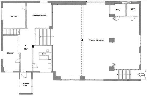 Grundriss vom 1.OG und dem Atelier oder einer möglichen Wohneinheit
