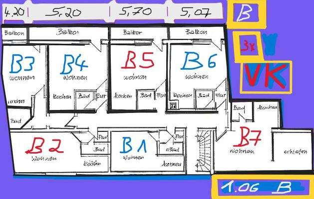Grundriss 1.OG. mit 3 v. 12 WE. Ebene B