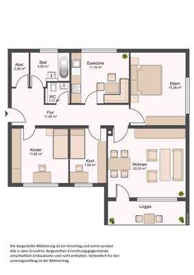 Grundriss mit Flur (11,00 m²), Tageslichtbad (4,55 m²), WC (1,71 m²), Küche (11,16 m²), Wohnzimmer (20,03 m²), Schlafzimmer (15,36 m²), Kinderzimmer (11,82 m²), Zimmer (7,59 m²), Abstellraum (2,26 m²) und Balkon