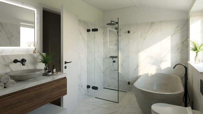 Das helle, moderne Badezimmer besticht durch Marmor, eine freistehende Badewanne und stilvolle Armaturen