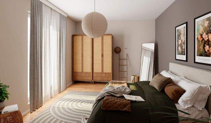 Schlafzimmer mit bodentiefen Fenstern und Zugang z