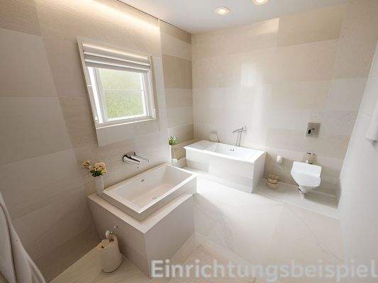 Badezimmer Musterhaus (Einrichtungsbeispiel KI)
