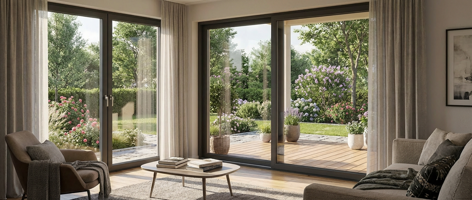 Blick vom Wohnzimmer in den Garten