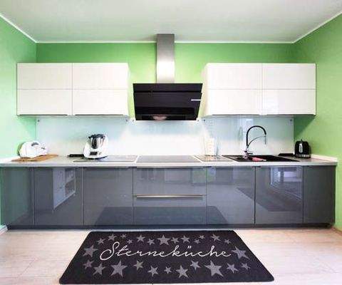 Moderne Küche mit Zugang zu Terrasse und Garten