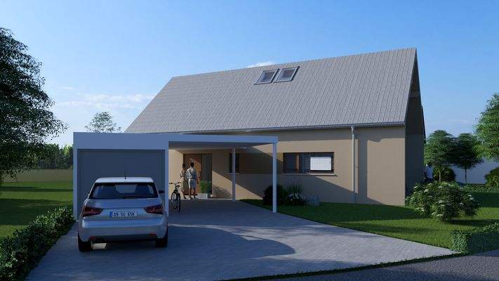 Hauszugang mit Garage und Carport