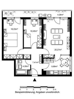 Grundriss mit Flur (7,41 qm), Badezimmer (4,28qm), Küche (9m89 qm, Wohnzimmer (20,27 qm), Kinderzimmer (10,45 qm), Schlafzimmer (16,03 qm) und Balkon (4,28 qm)  