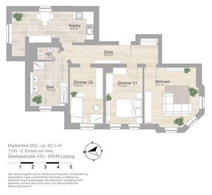Grundriss farbig / möbliert