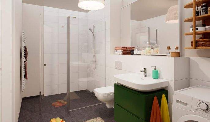 Eine bodengleiche Dusche gestaltet die Morgenrouti