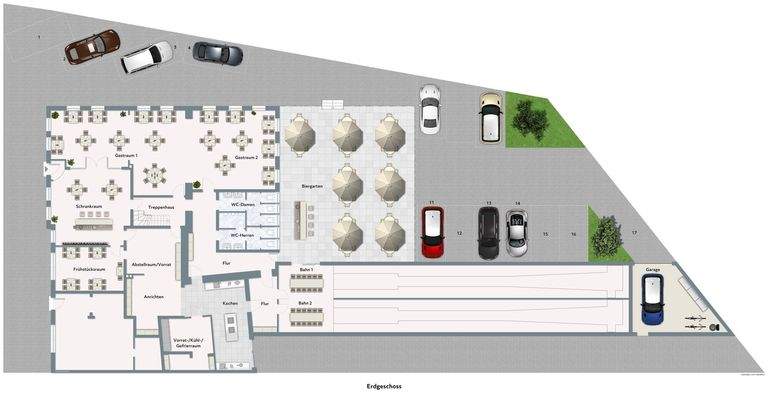 Grundriss Gaststätte mit Kegelbahnen