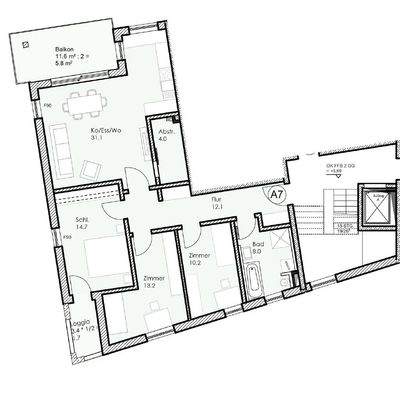 Grundriss zur Wohnung A7 - nicht maßstabsgetreu