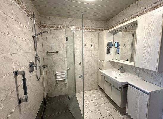 Badezimmer mit Dusche, Waschtisch und WC