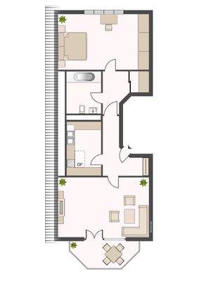 Küche mit tapezierten Wänden, hellem Fliesenspiegel und Vinylboden in Holzoptik.