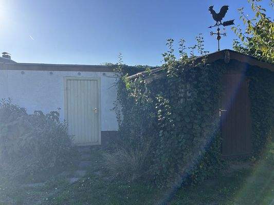 Garagenzugang und Gartenhütte