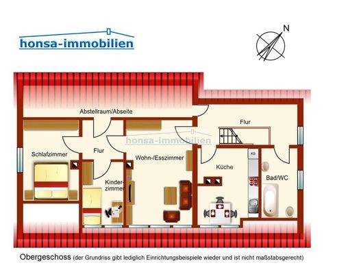 Grundriss Obergeschoss (der Grundriss ist nicht maßstabsgerecht und gibt lediglich Einrichtungsbeispiele wieder)