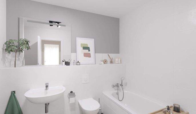 Modern gefliestes Bad mit bodengleicher Dusche und