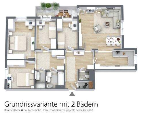 Grundriss 3D unverbindliche Variante mit 2 Bädern
