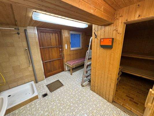 Saunabereich mit Ausgang zu Treppe zum Pool im Garten .JPG