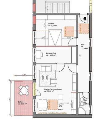 Grundriss 2,5-Zimmer-Wohnung mit Balkon im 1.OG