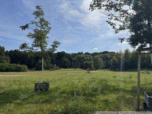 Gegenüberleigende Grünanlage mit Spielplatz und Spazierwegen