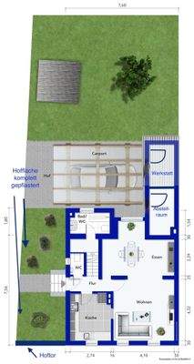 Grundriss Erdgeschoss mit Hof und Garten