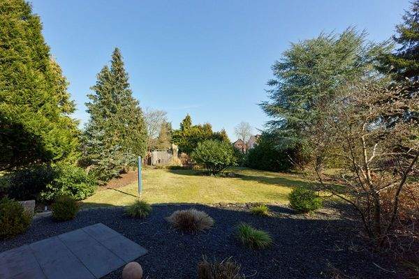 Schöner Garten mit Holzlager und Schuppen