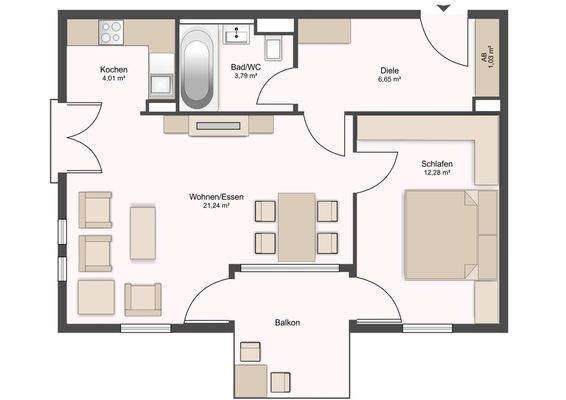 Grundriss, 2-Zimmer-Wohnung, Bad Aibling, gezeichnet