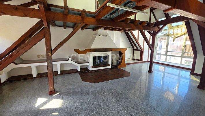 Heller lichtdurchfluteter Wohn - Esszimmerbereich mit Kamin