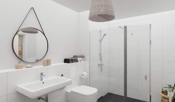 Modern gefliestes Bad mit bodengleicher Dusche