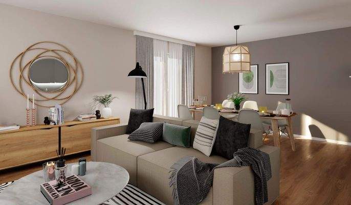 Großzügiger Wohnbereich mit offener Küche und angrenzendem Balkon