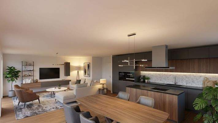 Das offene Wohnzimmer mit Küche besticht durch modernes Design, warmes Licht und einladende Atmosphäre