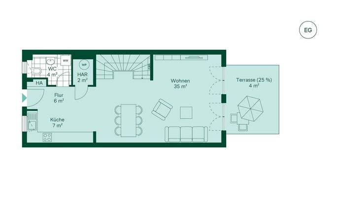 Erdgeschossgrundriss vom Reihenhaus im Projekt Pütnitzwiese