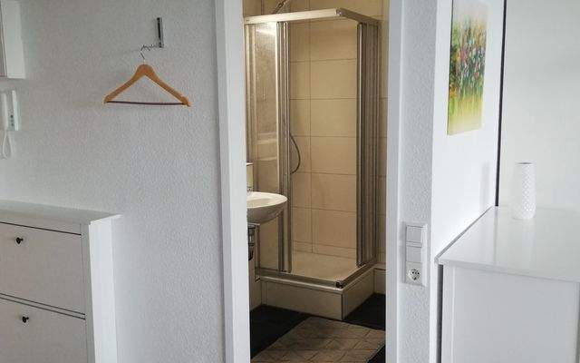 Eingangsbereich und Blick ins Bad