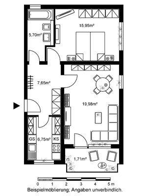 Grundriss mit Wohnzimmer (ca. 19,98 m²), Schlafzimmer (ca. 15,95 m²), Bad (ca. 5,7 m²), Küche (ca. 6,75 m²), Flur (ca. 7,65 m²) und Loggia (ca. 1,71 m²)