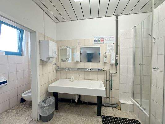 Badezimmer mit Dusche und großem Waschbecken