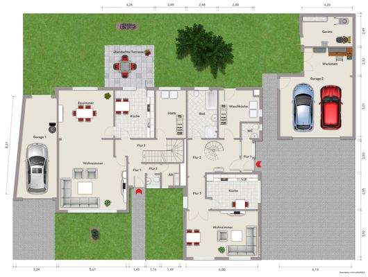 Grundriss Erdgeschoss (nicht maßstabsgerecht, Möblierungsbeispiel)
