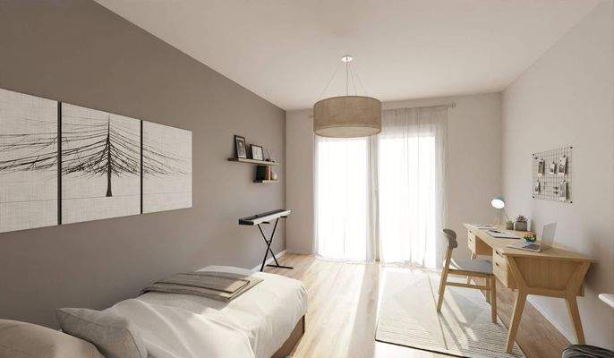 Ein geräumiges Kinderzimmer mit Zugang zum Balkon