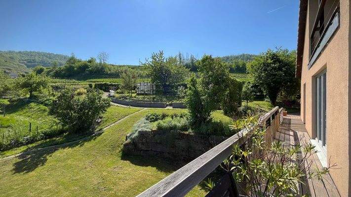 Blick auf den weitläufigen Garten vom Balkon