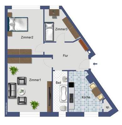 Grundriss WE 55 möbliert
