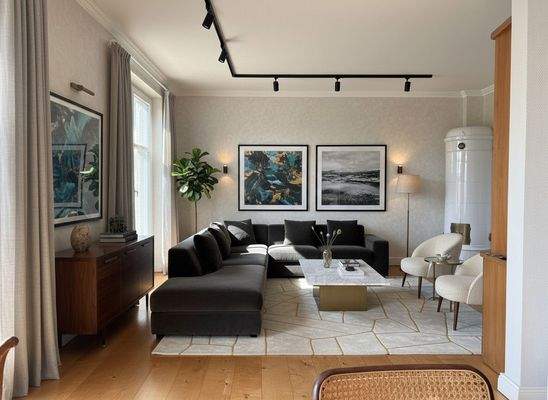 Wohnzimmer mit Kachelofen - virtuell Möbliert