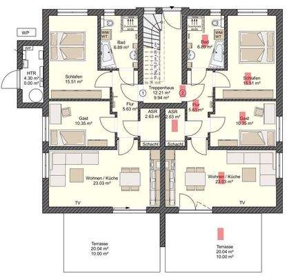Grundriss Whg.2, EGli rot markiert 