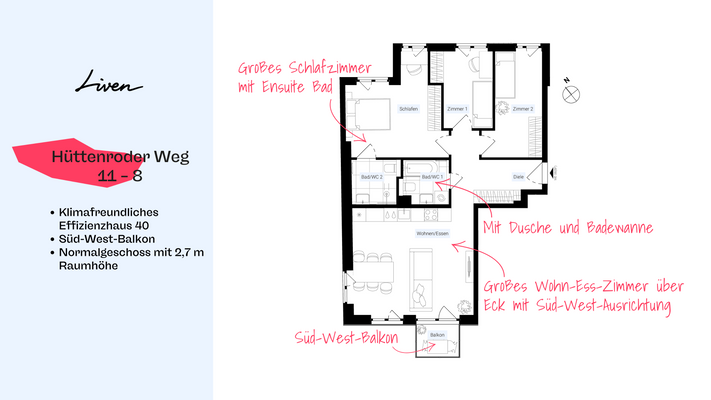 Grundriss mit Dusch- und Wannenbad