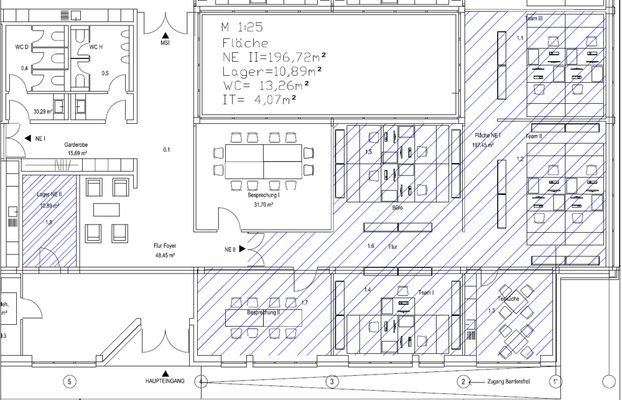 Grundriss Mieteinheit 2 mit schraffiertem Lagerraum