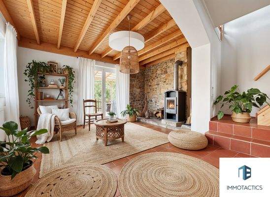 Wohnzimmer OG Haus 1mit Kamin  - (KI generiert)