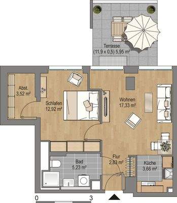 Grundriss mit offener Küche (3,66 m²), Flur (2,83 m²), Bad (5,23 m²), Wohnzimmer (17,33 m²), Schlafzimmer (12,92 m²), Abstellraum (3,52 m²) und Terrasse (5,95 m²)