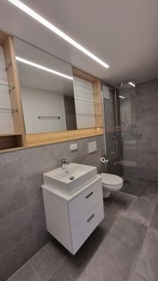 Badezimmer mit Einbauschrank, Spiegel und Dusche