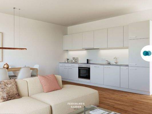 Ansicht II: Wohn- und Esszimmer mit offenem Küchenbereich