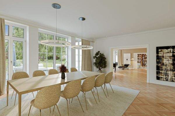 Virt. Staging: Esszimmer mit Blick ins Wohnzimmer